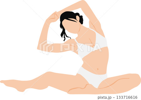 モーニングルーティンで寝起きにストレッチをする女性のイラスト モーニングルーティンで寝起きにストレッチをする女性のイラスト 133716616