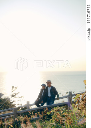 展望台で景色を眺めるシニア夫婦 133716751