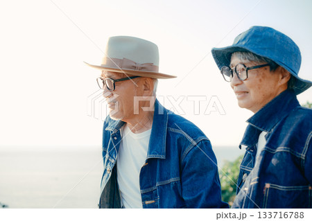 海辺で会話を楽しむシニア夫婦 海辺で会話を楽しむシニア夫婦 133716788