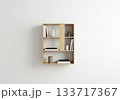 Minimal Wooden Bookshelf on White Wall 133717367