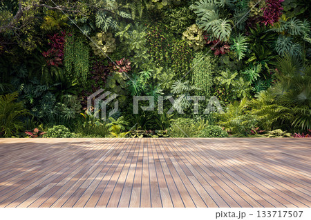 3D render of a vibrant vertical garden wall with tropical plants and flowers 3D render of a vibrant vertical garden wall with tropical plants and flowers 133717507