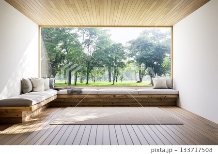 3D render of a minimalist interior with wooden bench seating 133717508