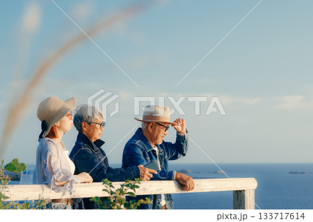 夕暮れの海を眺める親子の黄昏シーン 133717614