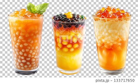 Orange bubble tea Filipino Sagot Gulaman filled with tapioca pearls and topped with mint, isolated on white background. Orange bubble tea Filipino Sagot Gulaman filled with tapioca pearls and topped with mint, isolated on white background. 133717650