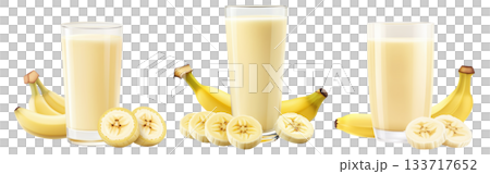 Glass of Korean banana milk smoothie with bananas and slices isolated on white background. Concept of healthy eating Glass of Korean banana milk smoothie with bananas and slices isolated on white background. Concept of healthy eating 133717652