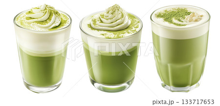 Creamy matcha latte topped with whipped cream and green tea powder in glass, isolated on a white transparent background 133717653