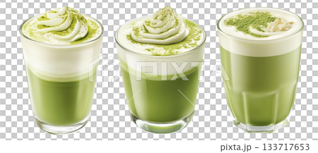 Creamy matcha latte topped with whipped cream and green tea powder in glass, isolated on a white transparent background 133717653