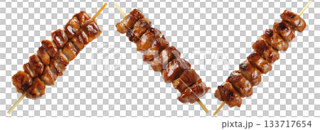 Grilled chicken yakitori skewer with teriyaki glaze or Isaw Filipino street food isolated on white transparent background Grilled chicken yakitori skewer with teriyaki glaze or Isaw Filipino street food isolated on white transparent background 133717654