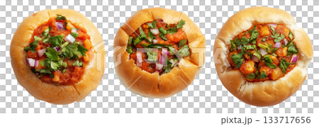 Indian Vada pav bread stuffed with spicy vegetable curry, garnished with onions and herbs, isolated on white background 133717656