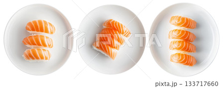 Salmon nigiri sushi arranged neatly on white plate, isolated on white background, concept of Japanese cuisine 133717660