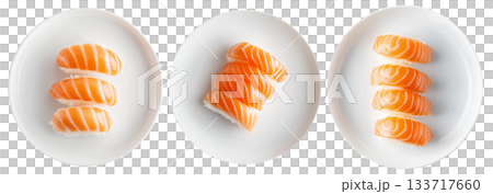 Salmon nigiri sushi arranged neatly on white plate, isolated on white background, concept of Japanese cuisine 133717660