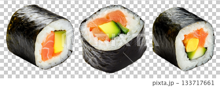 Sushi roll Maki with salmon, avocado, cucumber and rice wrapped in seaweed, isolated on white transparent background 133717661