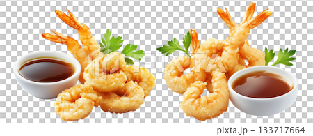 Fried shrimp tempura garnished with black sesame seeds, served with soy sauce in a bowl isolated on white background Fried shrimp tempura garnished with black sesame seeds, served with soy sauce in a bowl isolated on white background 133717664