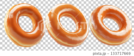 Tasty round donut topped with caramel and vanilla glaze swirl, isolated on white transparent background 133717669