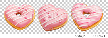 Heart-shaped donut topped with pink icing, white drizzle and small hearts on white transparent background 133717671
