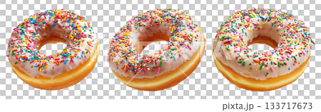 Tasty donut topped with white glaze and colorful sprinkles, isolated on white transparent background 133717673