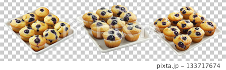 Nine golden blueberry muffins with juicy berries in rows arranged in a white tray, isolated on white background 133717674