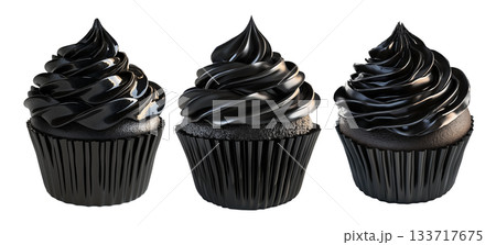 Cupcake with rich glossy black chocolate frosting and black wrapper, isolated on white transparent background 133717675