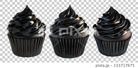 Cupcake with rich glossy black chocolate frosting and black wrapper, isolated on white transparent background 133717675