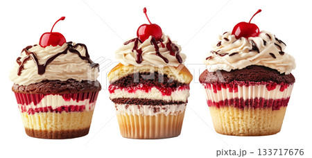 Gourmet cupcake with cream, chocolate drizzle, cherry topping, and layered cake isolated on white transparent background Gourmet cupcake with cream, chocolate drizzle, cherry topping, and layered cake isolated on white transparent background 133717676