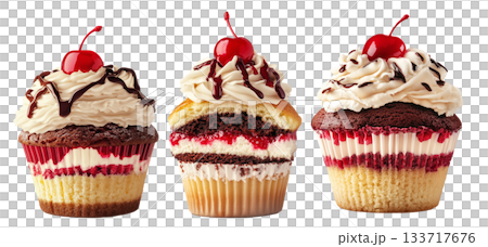 Gourmet cupcake with cream, chocolate drizzle, cherry topping, and layered cake isolated on white transparent background Gourmet cupcake with cream, chocolate drizzle, cherry topping, and layered cake isolated on white transparent background 133717676