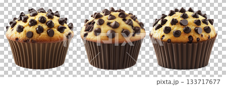 Chocolate chip muffin with golden top and dark wrapper, isolated on white background, concept of sweet food and dessert Chocolate chip muffin with golden top and dark wrapper, isolated on white background, concept of sweet food and dessert 133717677
