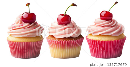 Cupcake with pink swirl frosting and red cherry on top, isolated on white background, concept of dessert treat 133717679