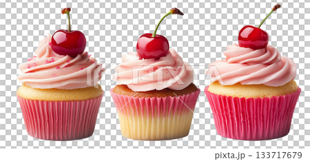 Cupcake with pink swirl frosting and red cherry on top, isolated on white background, concept of dessert treat Cupcake with pink swirl frosting and red cherry on top, isolated on white background, concept of dessert treat 133717679