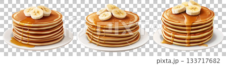 Stack of golden pancakes topped with banana slices and syrup, isolated on white transparent background 133717682