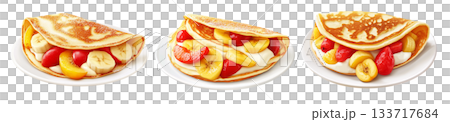 Delicious folded pancake filled with banana slices, raspberries, and cream, isolated on white transparent background 133717684
