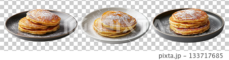 Stack of fluffy golden pancakes sprinkled with powdered sugar on a ceramic plate, isolated on white background 133717685