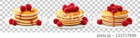Stack of golden pancakes topped with raspberries and syrup, isolated on white background, concept of breakfast sweetness 133717686