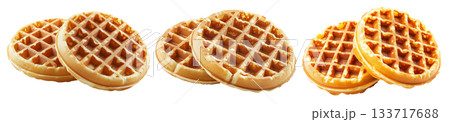 Close-up of two crispy golden waffles stacked together isolated on white background, concept of breakfast and sweet food Close-up of two crispy golden waffles stacked together isolated on white background, concept of breakfast and sweet food 133717688