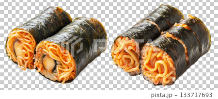 Korean gimbap Kimmari rolls filled with noodles, vegetables, and rice, garnished with sesame seeds, isolated on white 133717693