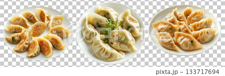 Steamed mandu dumplings placed in circular pattern on ceramic plate, isolated on white transparent background 133717694