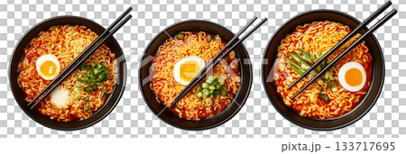 Delicious Korean ramen with boiled eggs, grilled pork, onions, and seaweed in black bowl isolated on white background 133717695