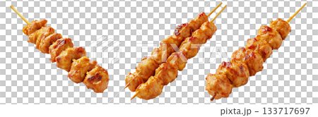 Grilled chicken Satay skewer with a golden brown glaze, isolated on white background, concept of tasty street food Grilled chicken Satay skewer with a golden brown glaze, isolated on white background, concept of tasty street food 133717697