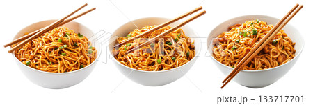 Cooked Asian Dan Dan noodles with minced meat, chili and basil in ceramic bowl, isolated on white transparent background 133717701