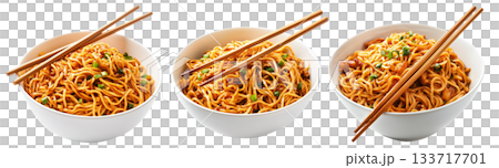 Cooked Asian Dan Dan noodles with minced meat, chili and basil in ceramic bowl, isolated on white transparent background 133717701