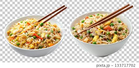 Fried rice with peas, scrambled eggs, red bell peppers, and beef pieces in ceramic bowl isolated on white background Fried rice with peas, scrambled eggs, red bell peppers, and beef pieces in ceramic bowl isolated on white background 133717702
