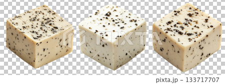 Cubes of seasoned tofu with visible herbs and spices, arranged in stack isolated on white transparent background Cubes of seasoned tofu with visible herbs and spices, arranged in stack isolated on white transparent background 133717707