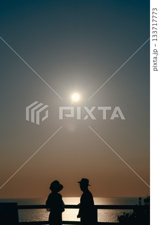 夕景の海を眺める親子のシルエット 133717773