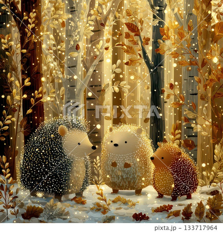 Enchanting Forest Scene with Adorable Hedgehogs Surrounded by Nature 133717964