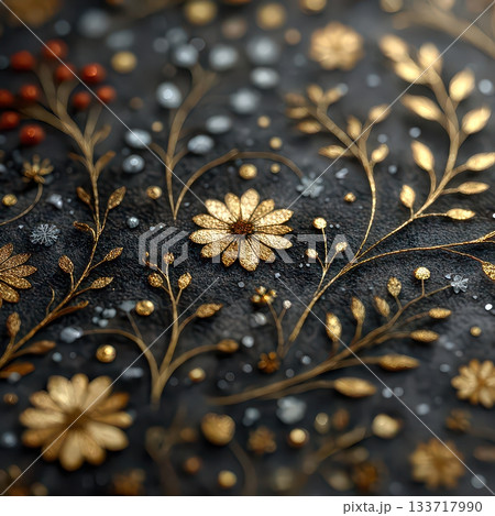 Elegant Floral Design with Gold Accents on Dark Background 133717990