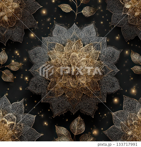 Intricate Gold Mandala Pattern with Leaves on Dark Background Intricate Gold Mandala Pattern with Leaves on Dark Background 133717991