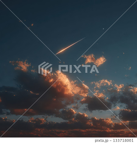 Bright Meteor Shower Over Serene Landscape with Dramatic Clouds 133718001