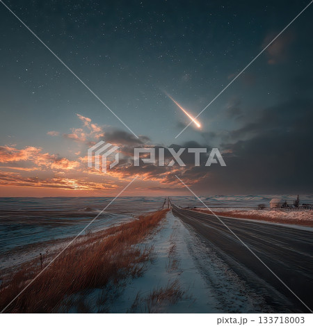 Dramatic Meteor Shower Over Peaceful Snowy Landscape at Dusk 133718003