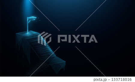 Staircase up with a flag. Digital success. Business success. Polygonal and wireframe glowing style Staircase up with a flag. Digital success. Business success. Polygonal and wireframe glowing style 133718016