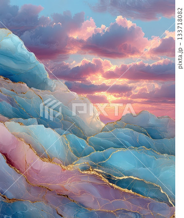 Ethereal Sunset Over Colorful Abstract Mountain Landscape Art 133718082