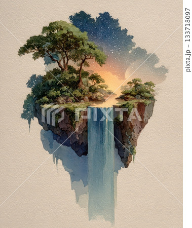 Serene Waterfall Under Starry Sky with Lush Floating Landscape Serene Waterfall Under Starry Sky with Lush Floating Landscape 133718097